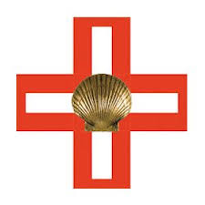 A red cross with a white border featuring a golden scallop shell at its center.